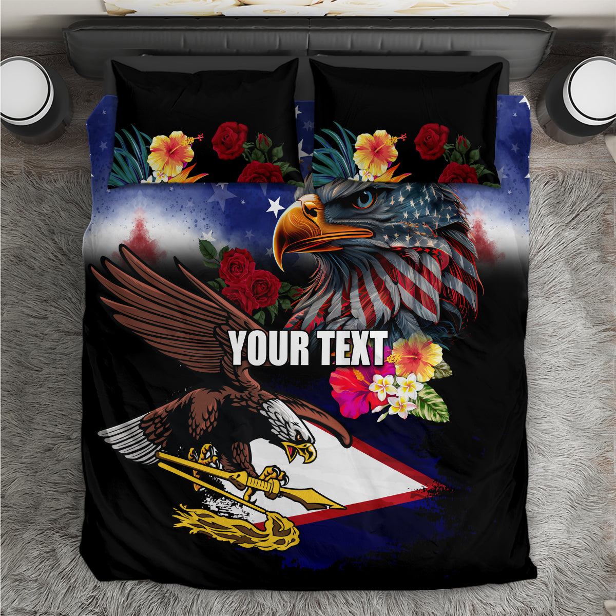 Eagle bedding set with two pillows, black and blue stars, floral accents, "YOUR TEXT"