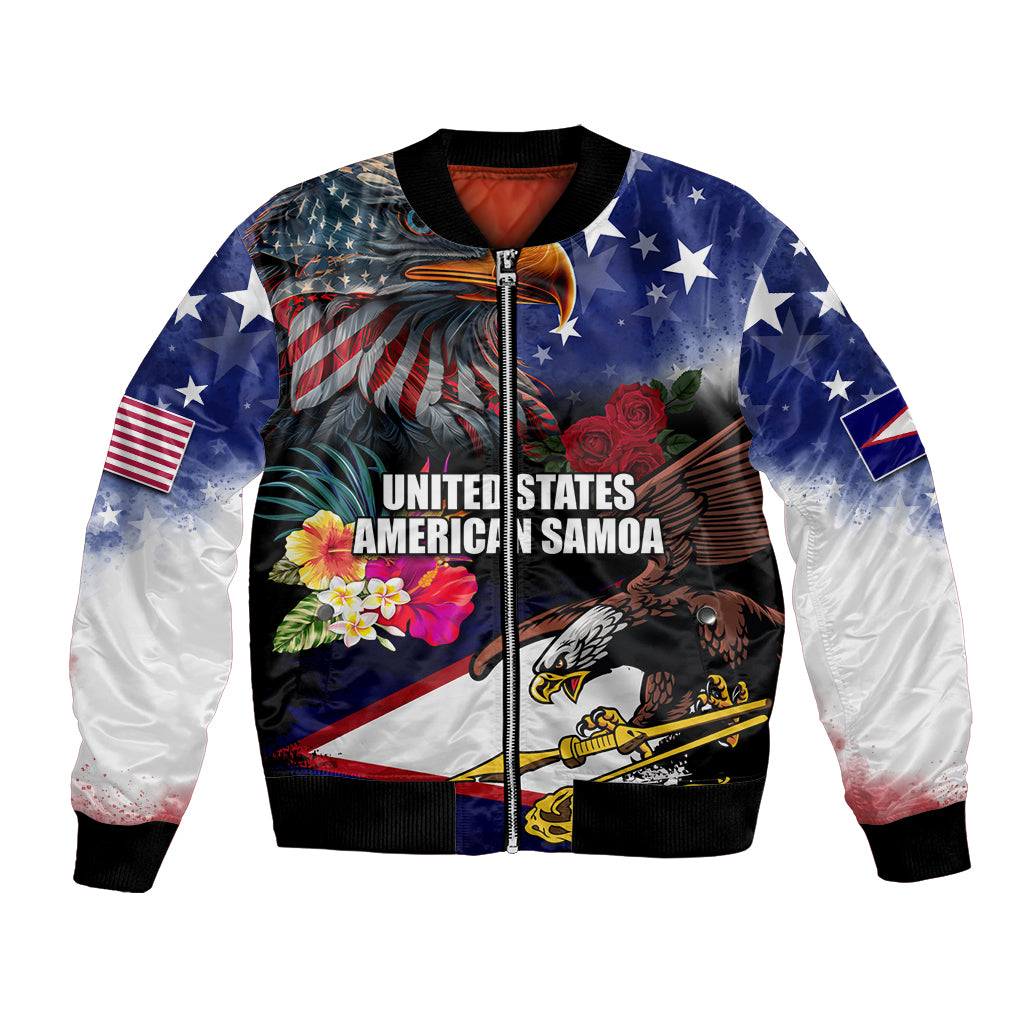 Blue bomber jacket with eagle graphic, stars-and-stripes, full zip, ribbed cuffs
