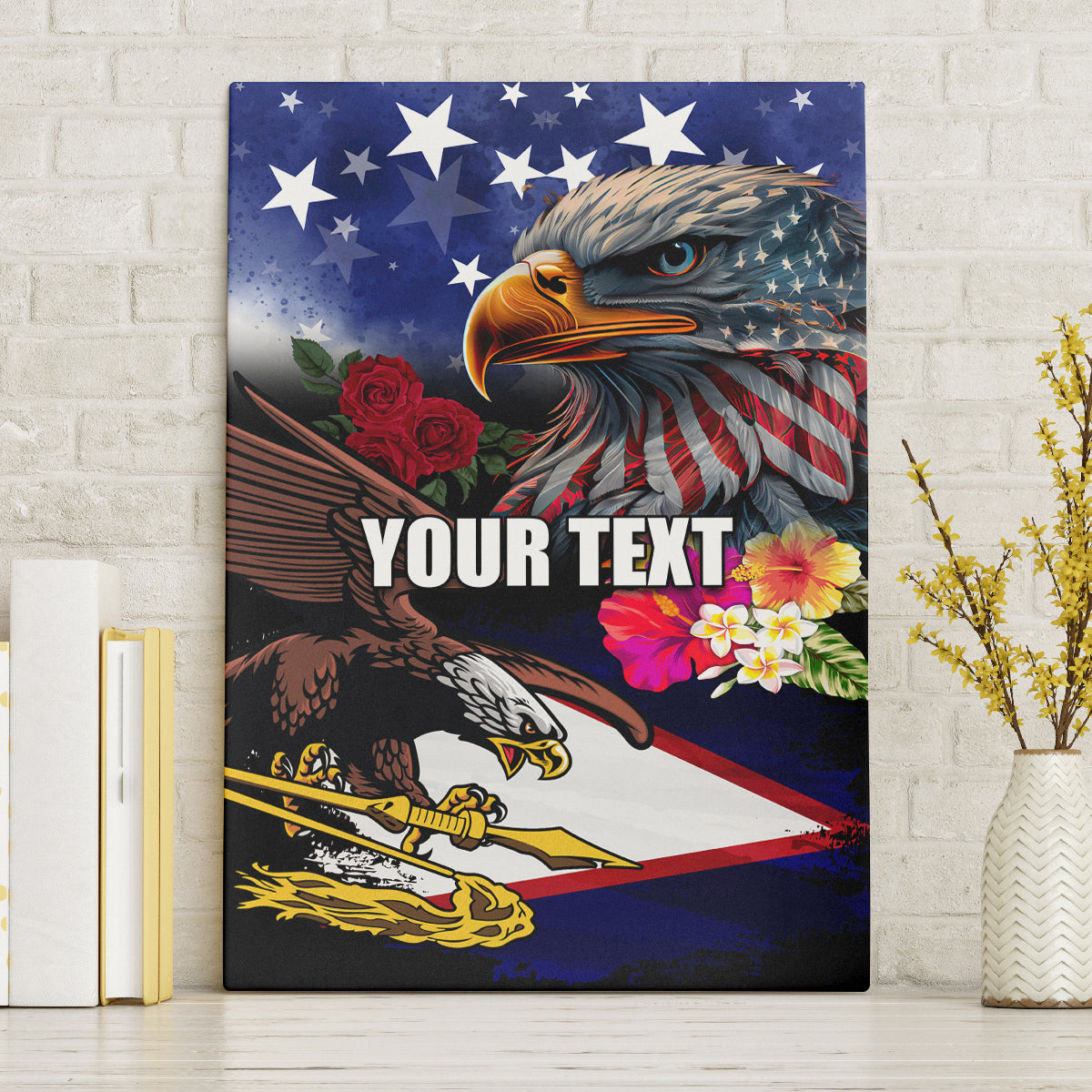 Personalised United States and American Samoa Canvas Wall Art Bald Eagle Rose and Hibiscus Flower - Wonder Print Shop