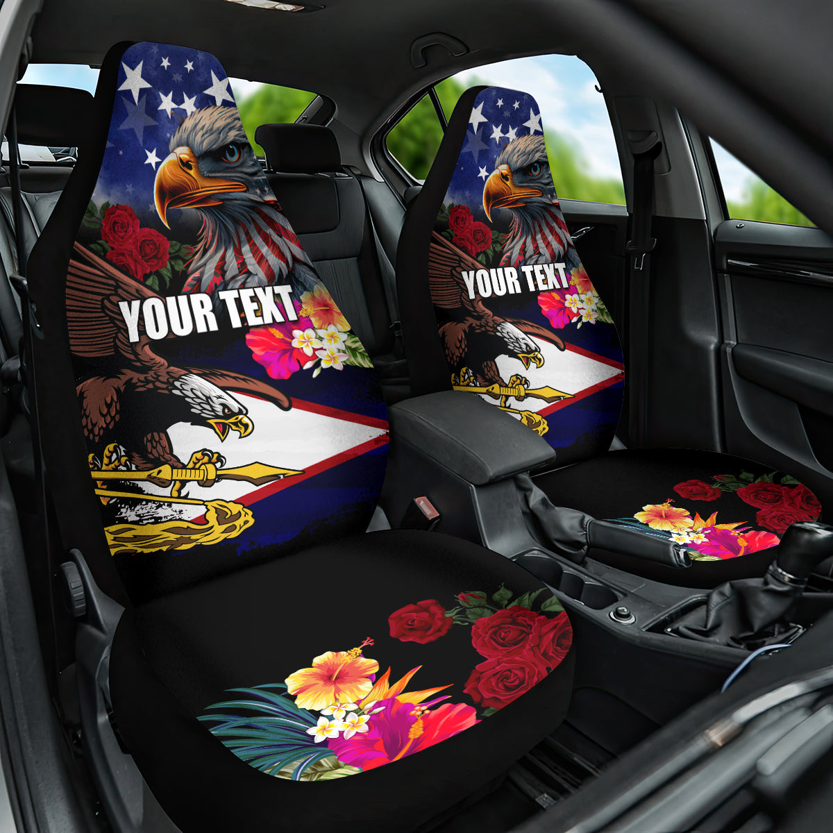 Personalised United States and American Samoa Car Seat Cover Bald Eagle Rose and Hibiscus Flower - Wonder Print Shop