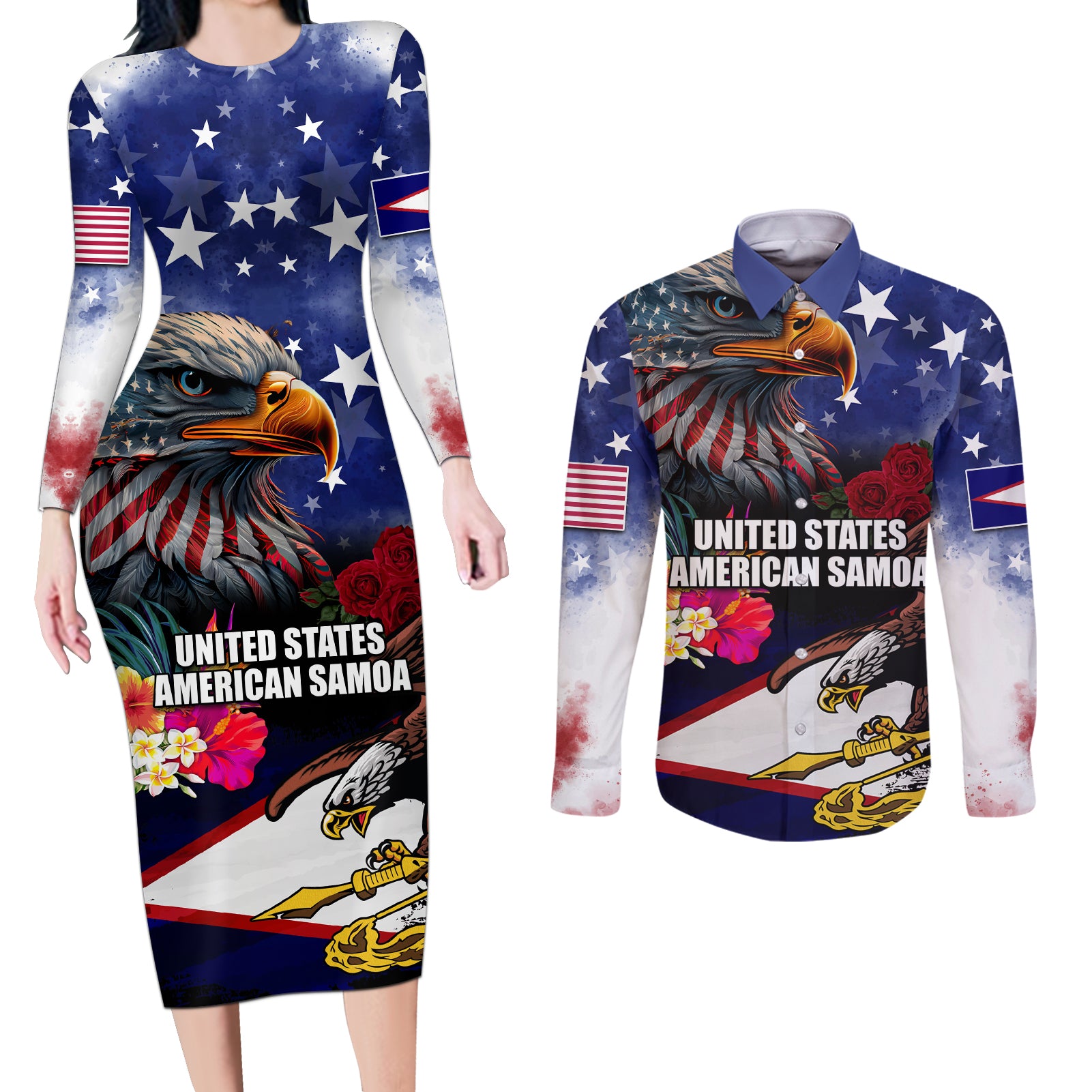 Personalised United States and American Samoa Couples Matching Long Sleeve Bodycon Dress and Long Sleeve Button Shirt Bald Eagle Rose and Hibiscus Flower - Wonder Print Shop