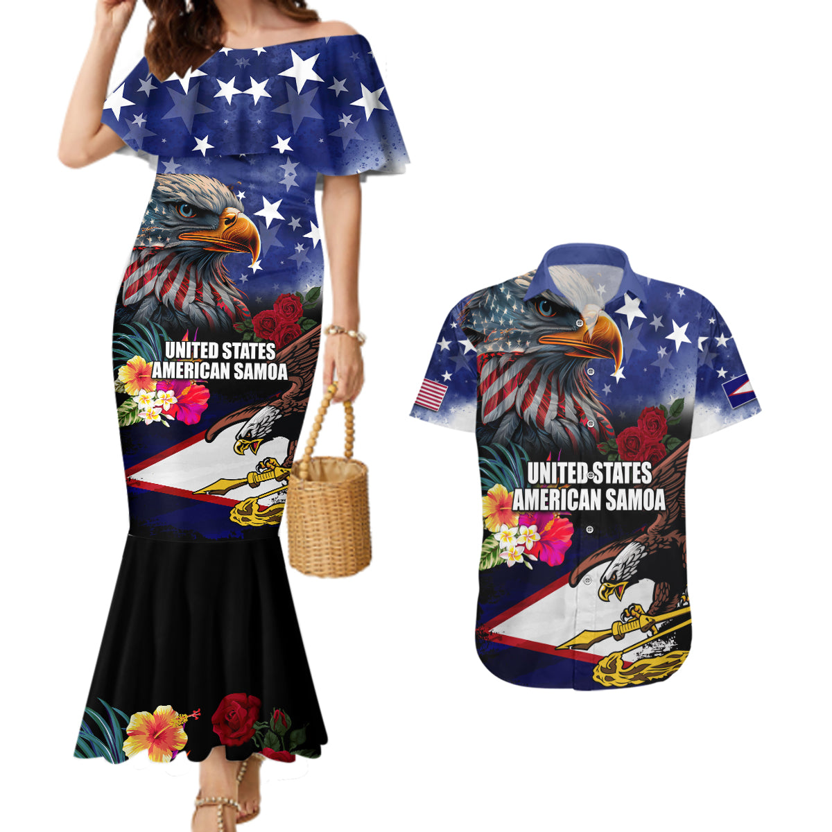 Personalised United States and American Samoa Couples Matching Mermaid Dress and Hawaiian Shirt Bald Eagle Rose and Hibiscus Flower - Wonder Print Shop