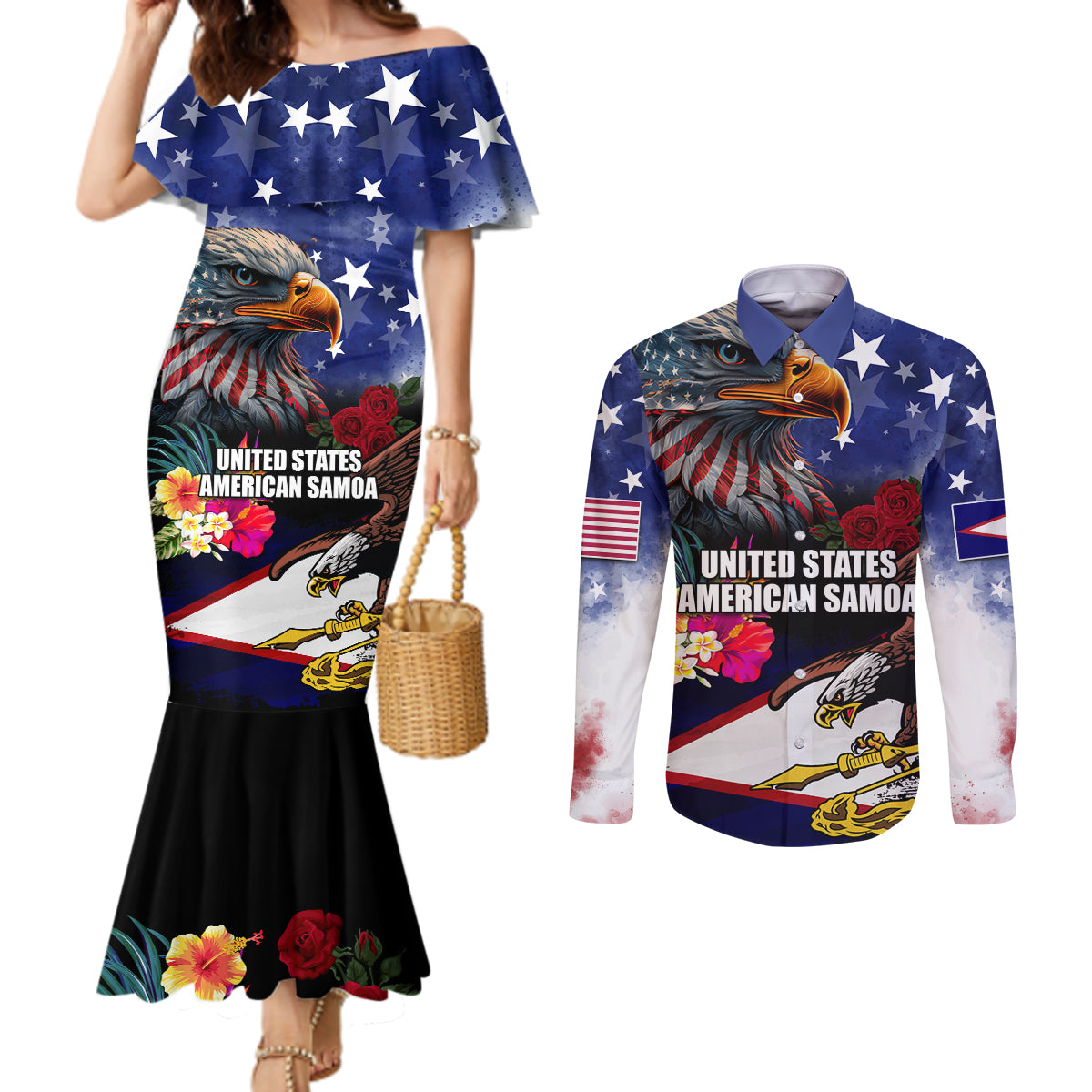 United States and American Samoa Couples Matching Mermaid Dress and Long Sleeve Button Shirt Bald Eagle Rose and Hibiscus Flower