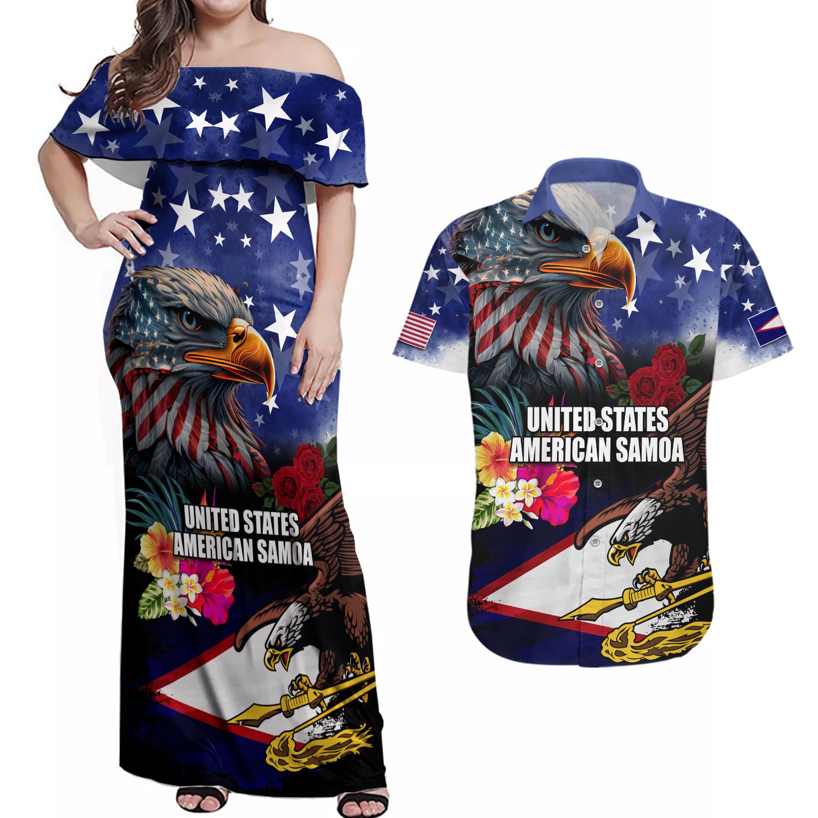 Personalised United States and American Samoa Couples Matching Off Shoulder Maxi Dress and Hawaiian Shirt Bald Eagle Rose and Hibiscus Flower - Wonder Print Shop