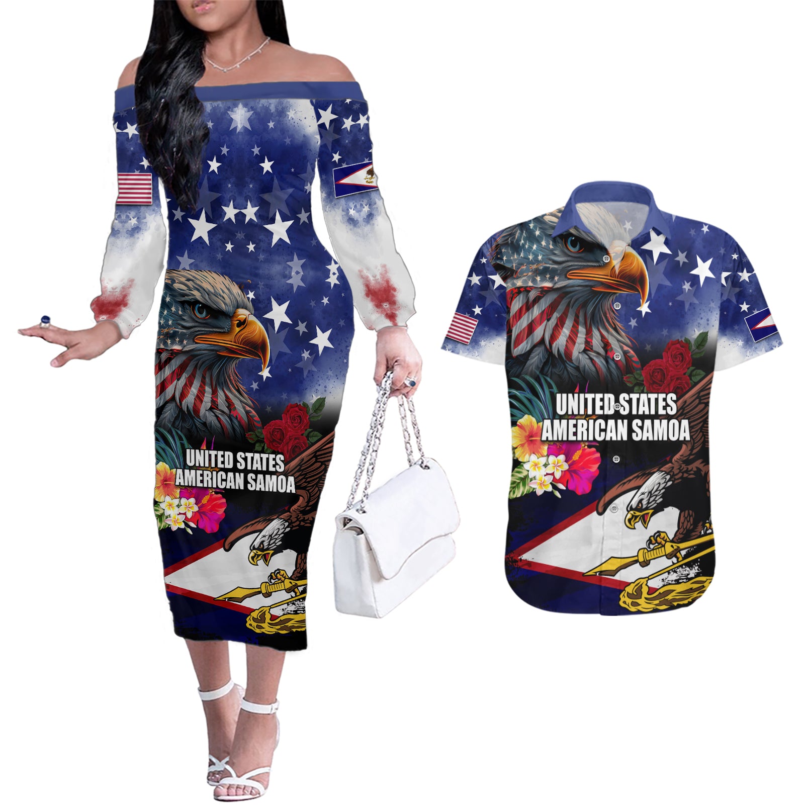 Personalised United States and American Samoa Couples Matching Off The Shoulder Long Sleeve Dress and Hawaiian Shirt Bald Eagle Rose and Hibiscus Flower - Wonder Print Shop