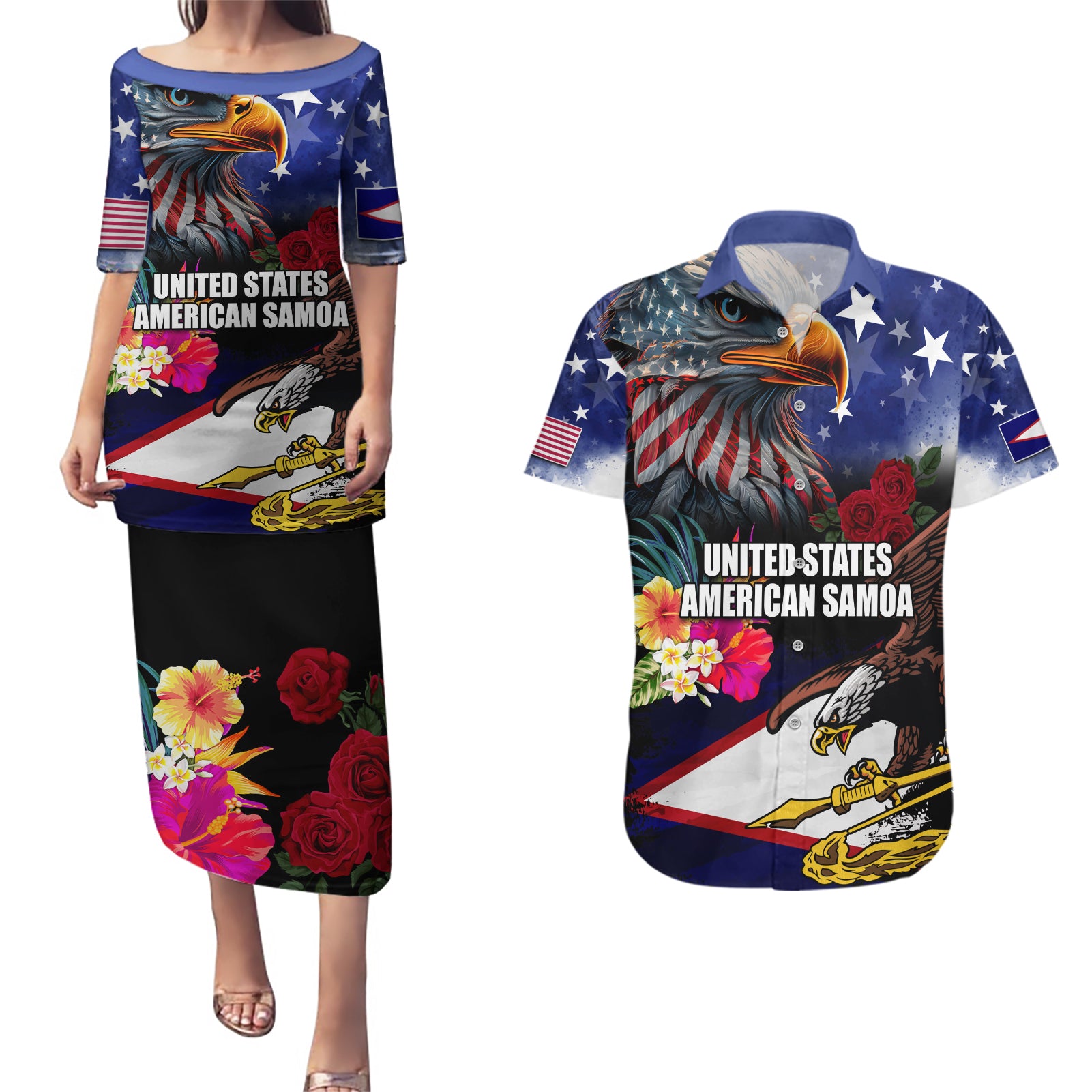 Personalised United States and American Samoa Couples Matching Puletasi and Hawaiian Shirt Bald Eagle Rose and Hibiscus Flower - Wonder Print Shop