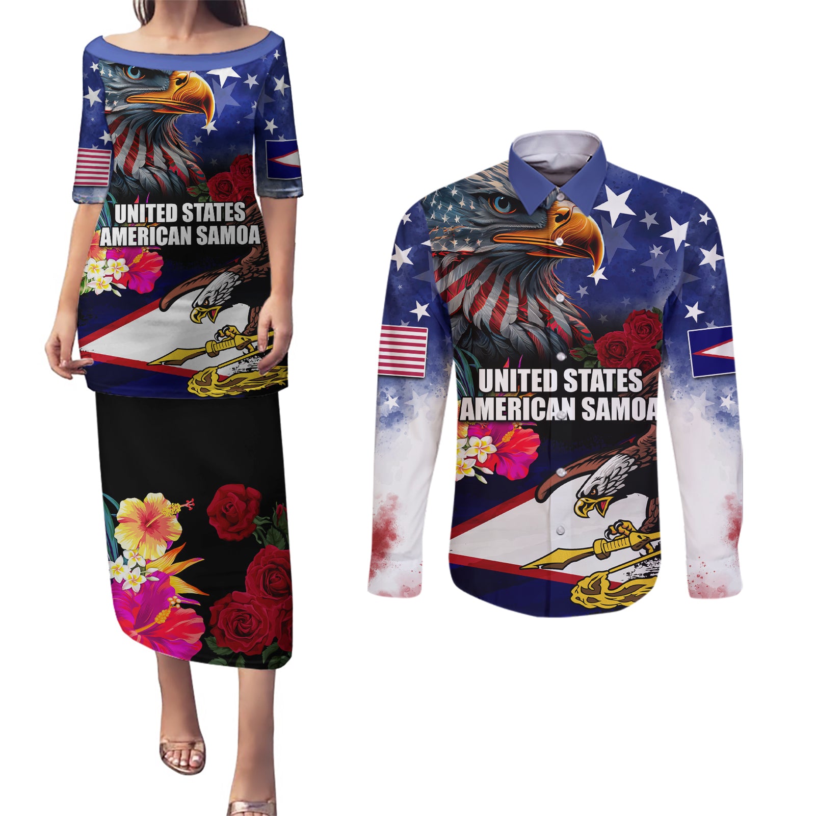 Personalised United States and American Samoa Couples Matching Puletasi and Long Sleeve Button Shirt Bald Eagle Rose and Hibiscus Flower - Wonder Print Shop