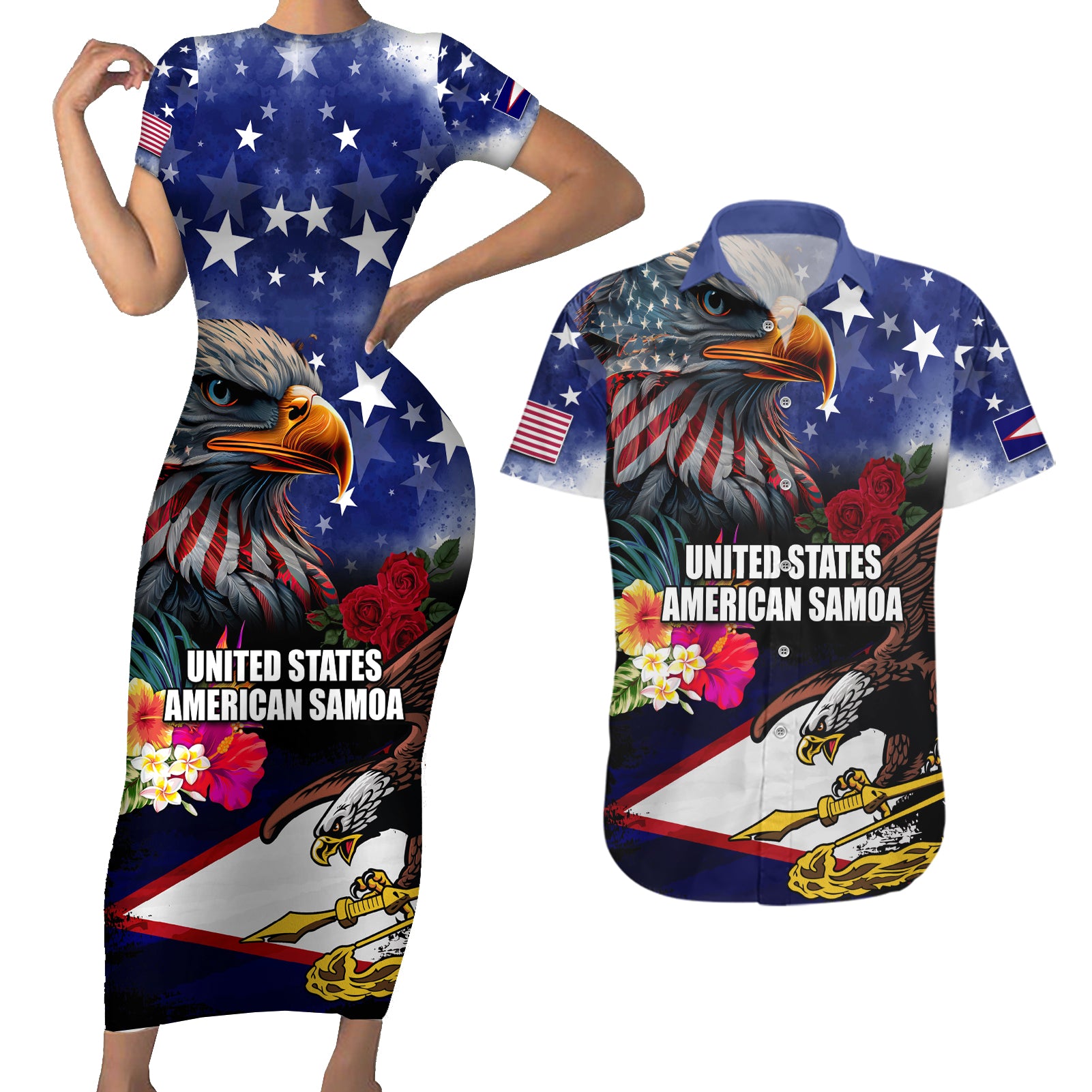 Personalised United States and American Samoa Couples Matching Short Sleeve Bodycon Dress and Hawaiian Shirt Bald Eagle Rose and Hibiscus Flower - Wonder Print Shop