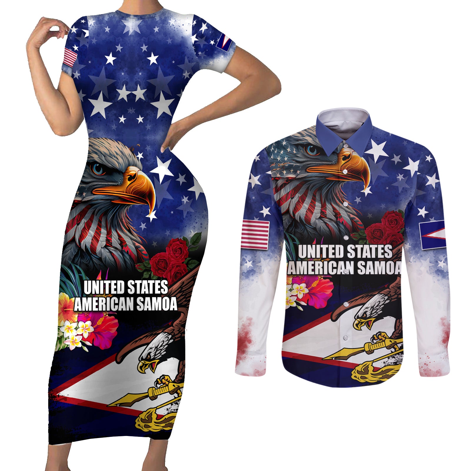 Personalised United States and American Samoa Couples Matching Short Sleeve Bodycon Dress and Long Sleeve Button Shirt Bald Eagle Rose and Hibiscus Flower - Wonder Print Shop