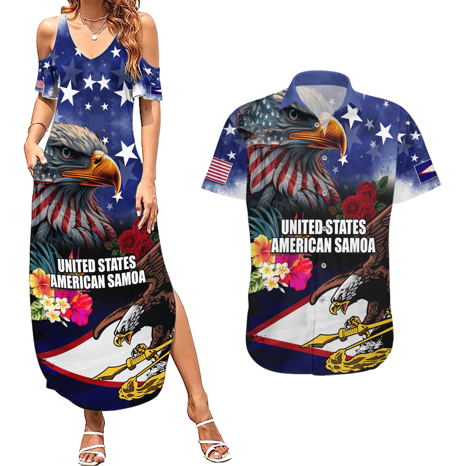 Personalised United States and American Samoa Couples Matching Summer Maxi Dress and Hawaiian Shirt Bald Eagle Rose and Hibiscus Flower - Wonder Print Shop