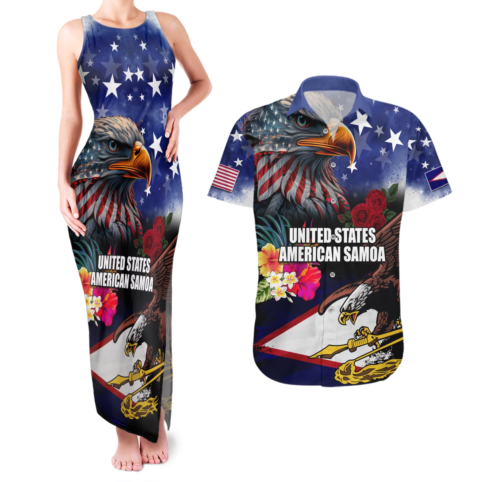 Personalised United States and American Samoa Couples Matching Tank Maxi Dress and Hawaiian Shirt Bald Eagle Rose and Hibiscus Flower - Wonder Print Shop