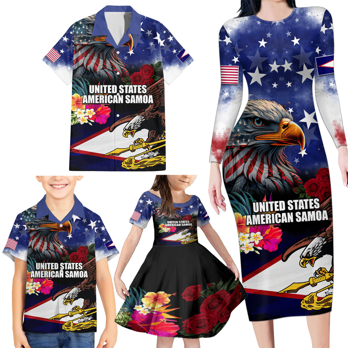 Personalised United States and American Samoa Family Matching Long Sleeve Bodycon Dress and Hawaiian Shirt Bald Eagle Rose and Hibiscus Flower - Wonder Print Shop