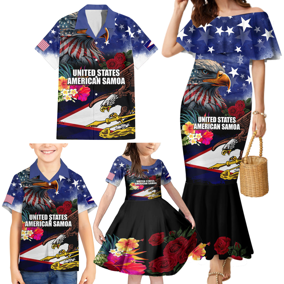 Personalised United States and American Samoa Family Matching Mermaid Dress and Hawaiian Shirt Bald Eagle Rose and Hibiscus Flower - Wonder Print Shop