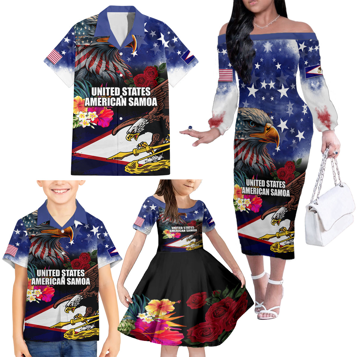 Personalised United States and American Samoa Family Matching Off The Shoulder Long Sleeve Dress and Hawaiian Shirt Bald Eagle Rose and Hibiscus Flower - Wonder Print Shop