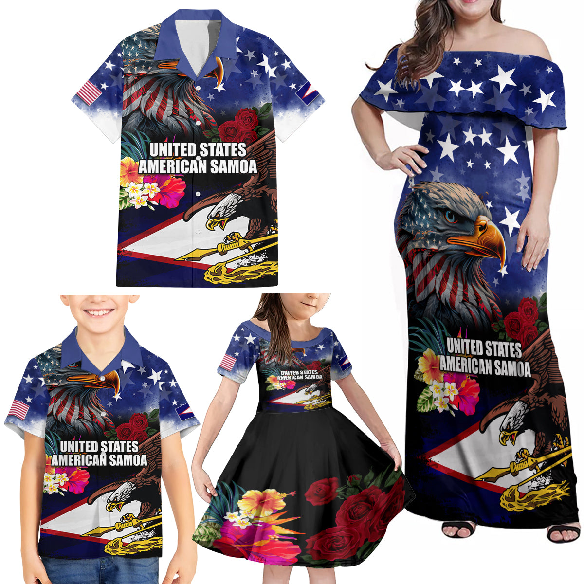 Personalised United States and American Samoa Family Matching Off Shoulder Maxi Dress and Hawaiian Shirt Bald Eagle Rose and Hibiscus Flower - Wonder Print Shop