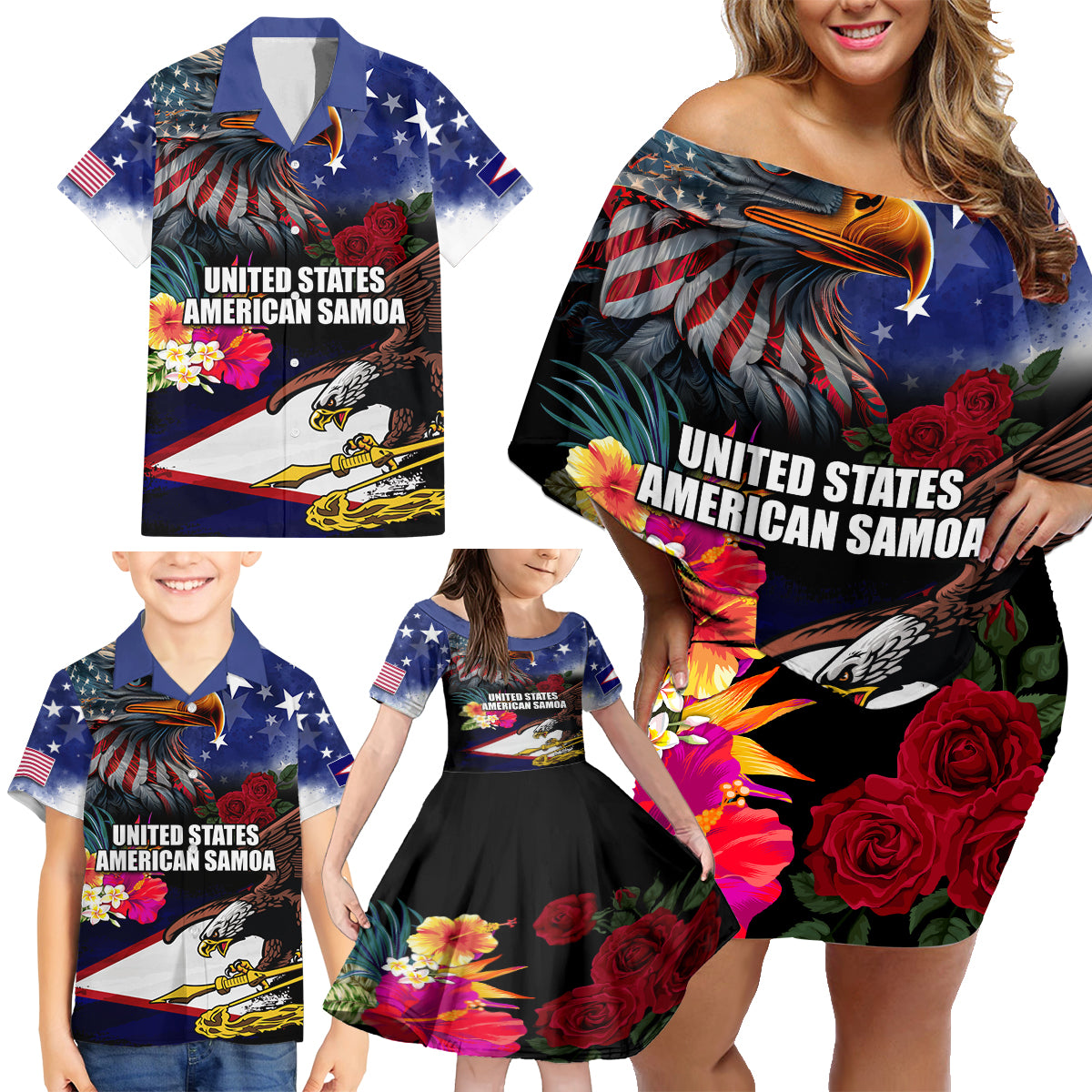 Personalised United States and American Samoa Family Matching Off Shoulder Short Dress and Hawaiian Shirt Bald Eagle Rose and Hibiscus Flower - Wonder Print Shop