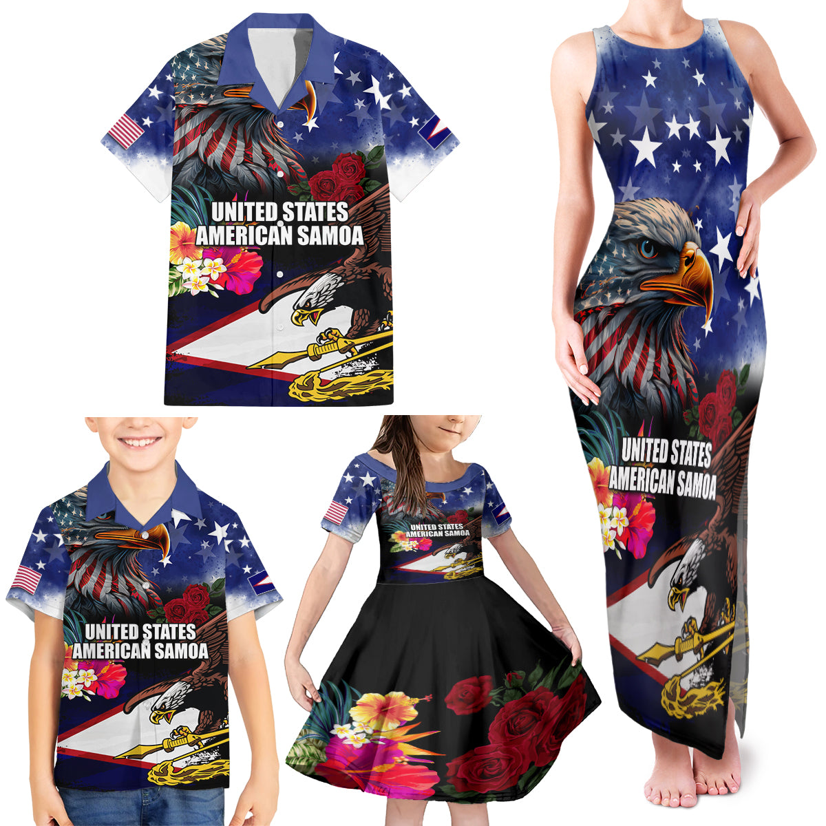 Personalised United States and American Samoa Family Matching Tank Maxi Dress and Hawaiian Shirt Bald Eagle Rose and Hibiscus Flower - Wonder Print Shop