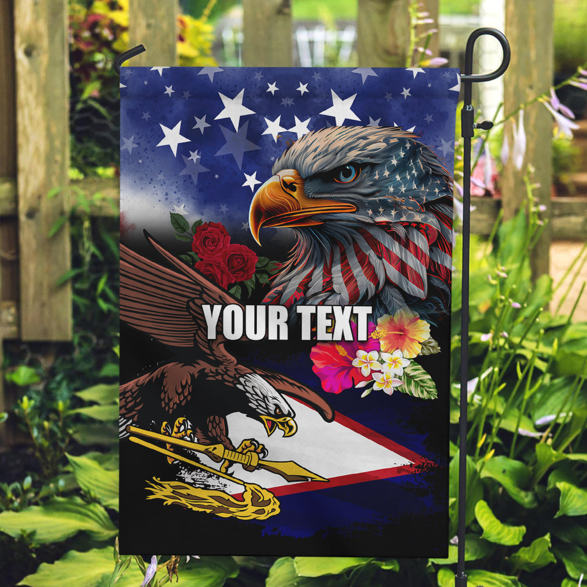 Personalised United States and American Samoa Garden Flag Bald Eagle Rose and Hibiscus Flower - Wonder Print Shop