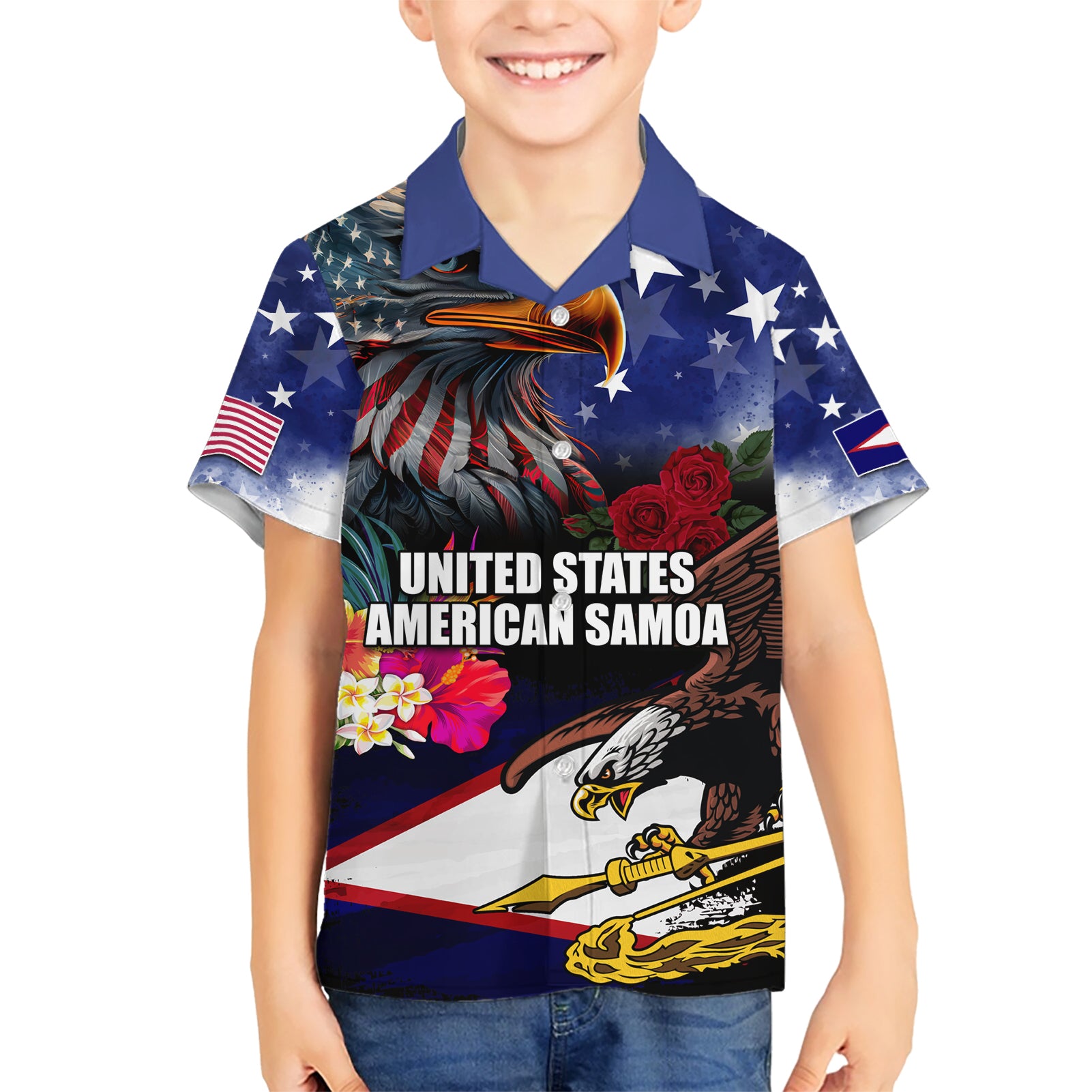 Personalised United States and American Samoa Kid Hawaiian Shirt Bald Eagle Rose and Hibiscus Flower - Wonder Print Shop