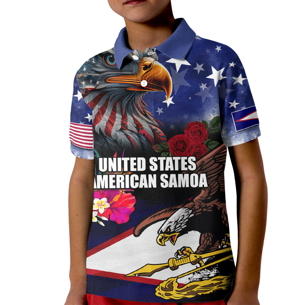 Personalised United States and American Samoa Kid Polo Shirt Bald Eagle Rose and Hibiscus Flower - Wonder Print Shop