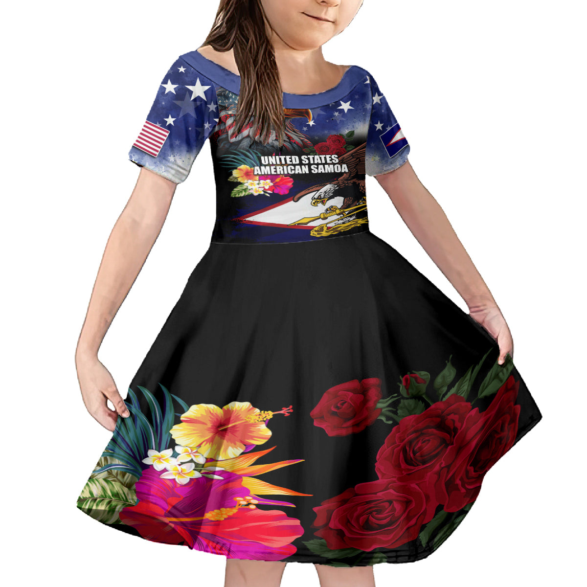 Personalised United States and American Samoa Kid Short Sleeve Dress Bald Eagle Rose and Hibiscus Flower - Wonder Print Shop