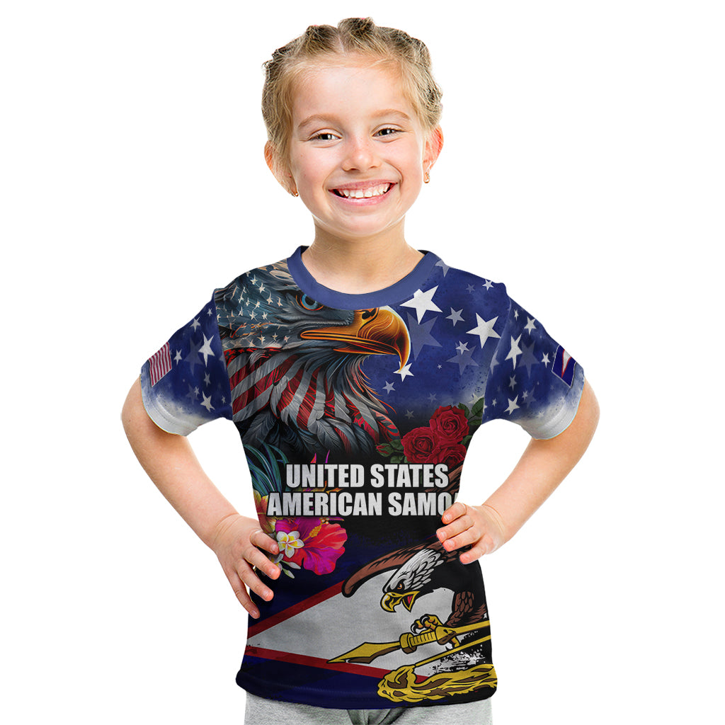 Personalised United States and American Samoa Kid T Shirt Bald Eagle Rose and Hibiscus Flower - Wonder Print Shop