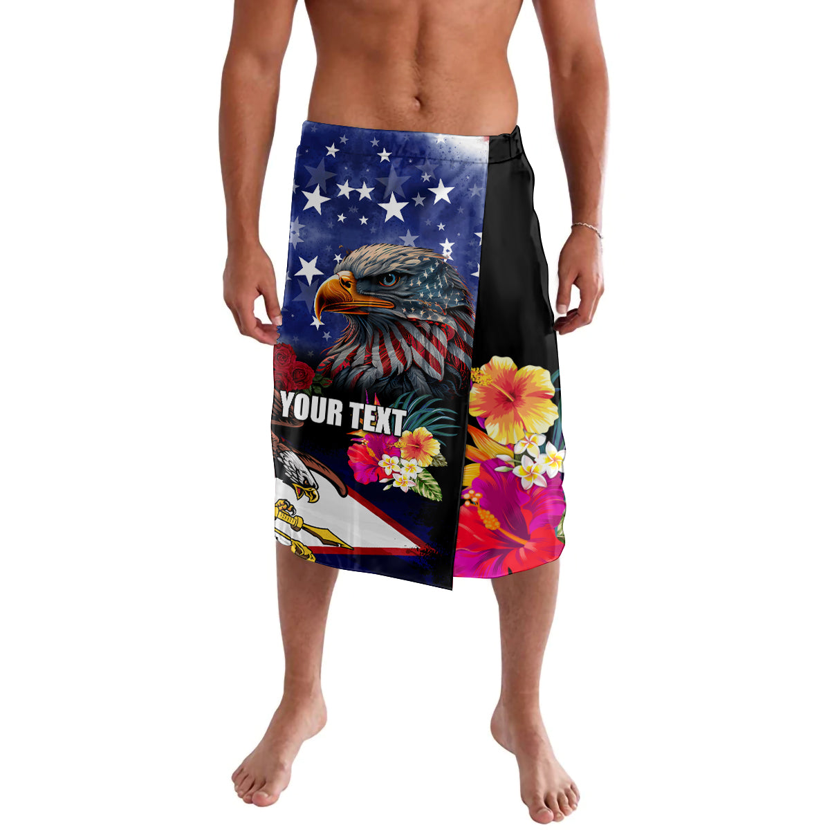 Personalized lavalava-style wrap skirt with blue star eagle print and hibiscus flowers