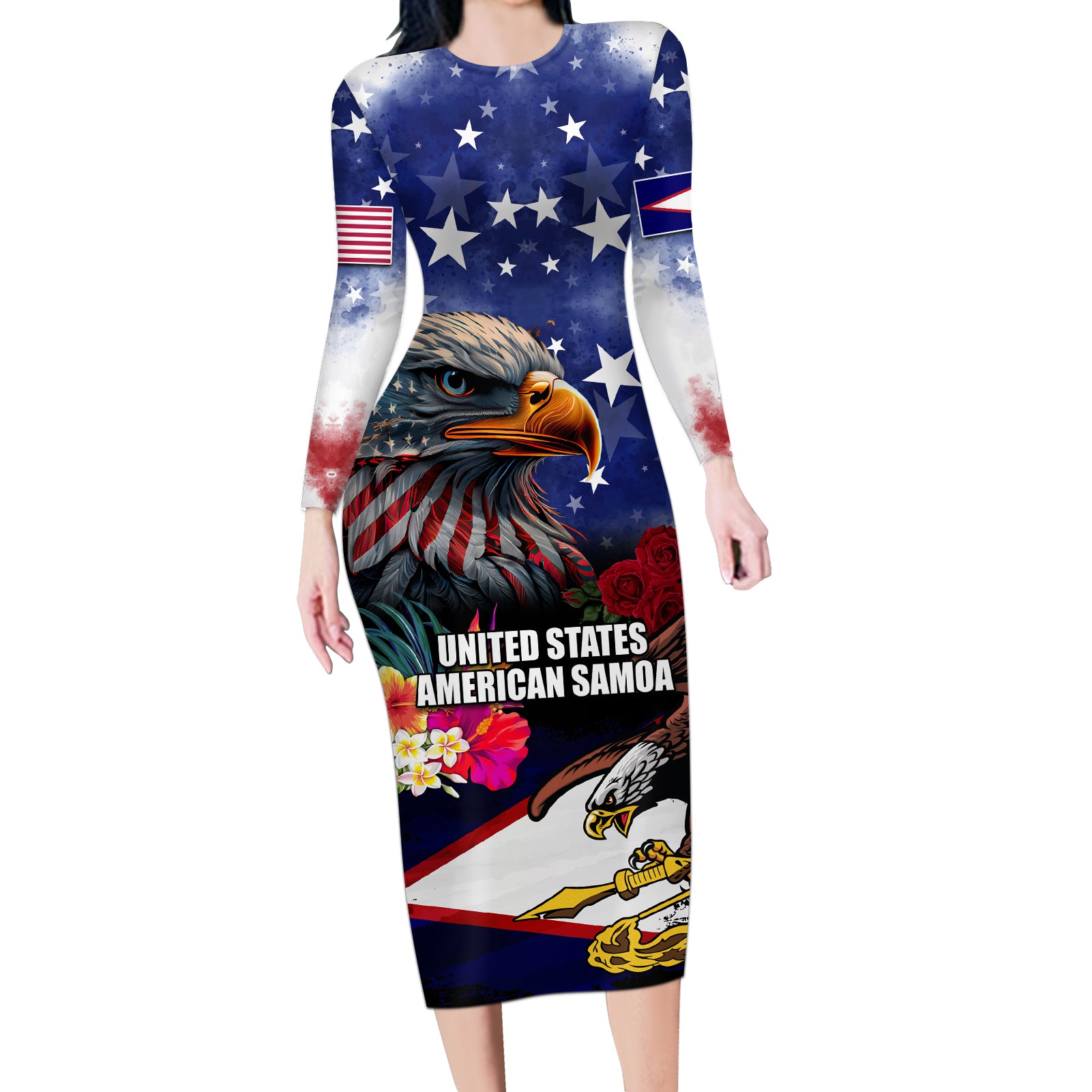 Personalised United States and American Samoa Long Sleeve Bodycon Dress Bald Eagle Rose and Hibiscus Flower - Wonder Print Shop