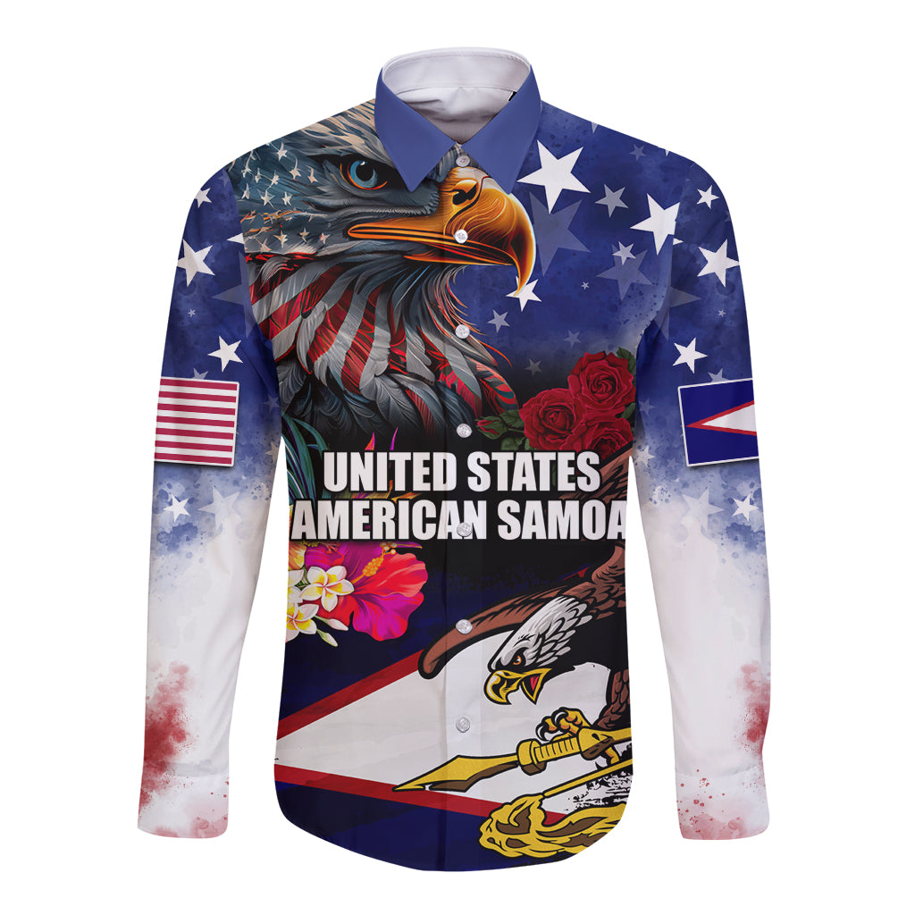 Blue long sleeve button shirt with bald eagle, stars, flag graphics, roses and flowers