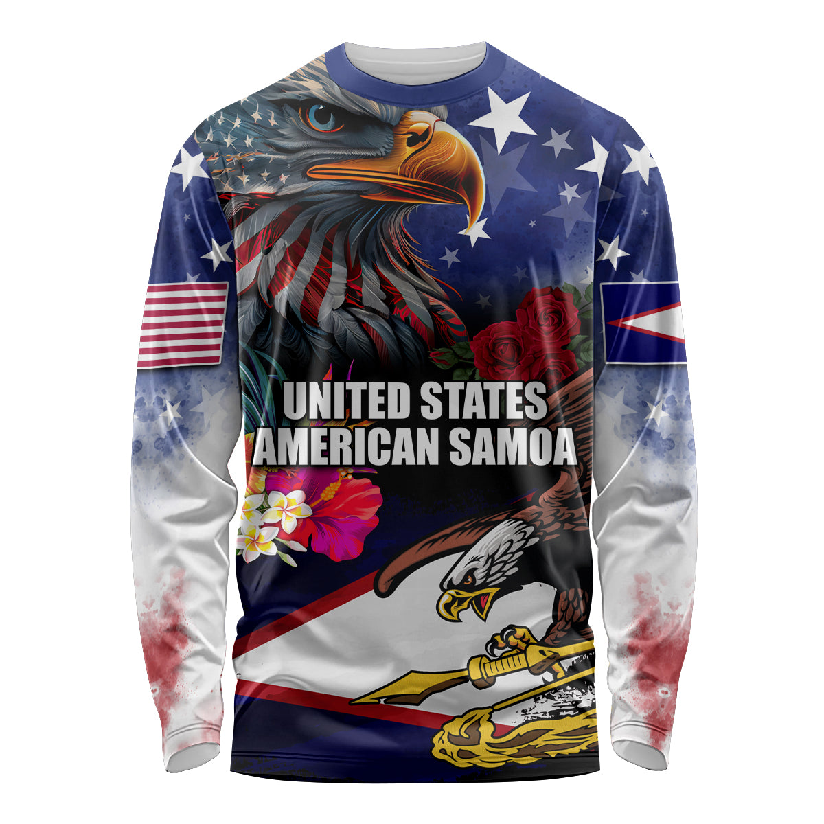 Personalised United States and American Samoa Long Sleeve Shirt Bald Eagle Rose and Hibiscus Flower - Wonder Print Shop