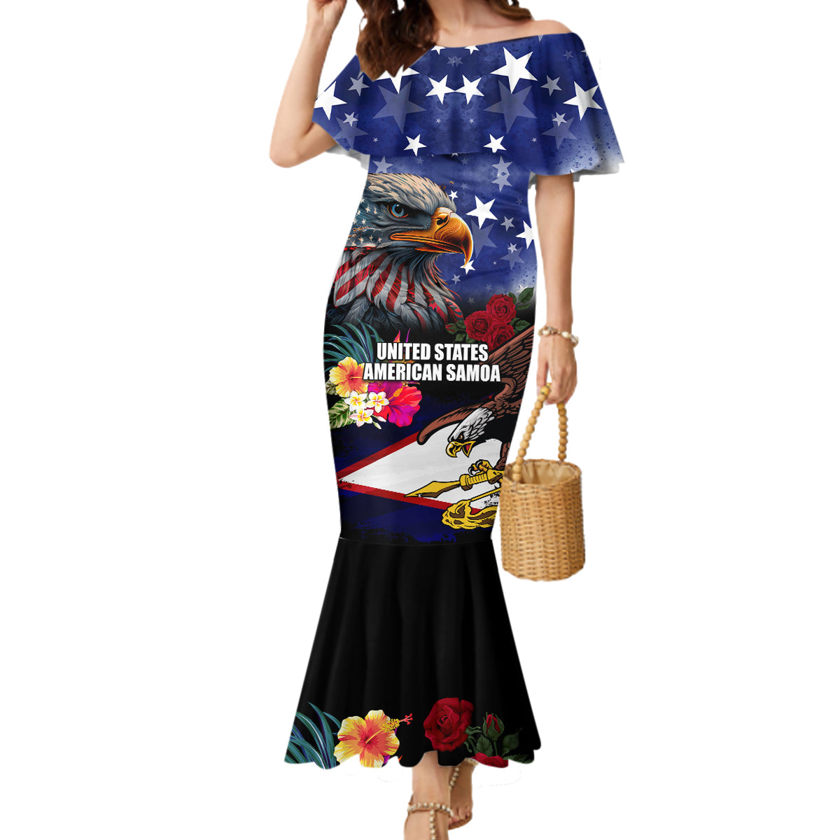 Personalised United States and American Samoa Mermaid Dress Bald Eagle Rose and Hibiscus Flower - Wonder Print Shop