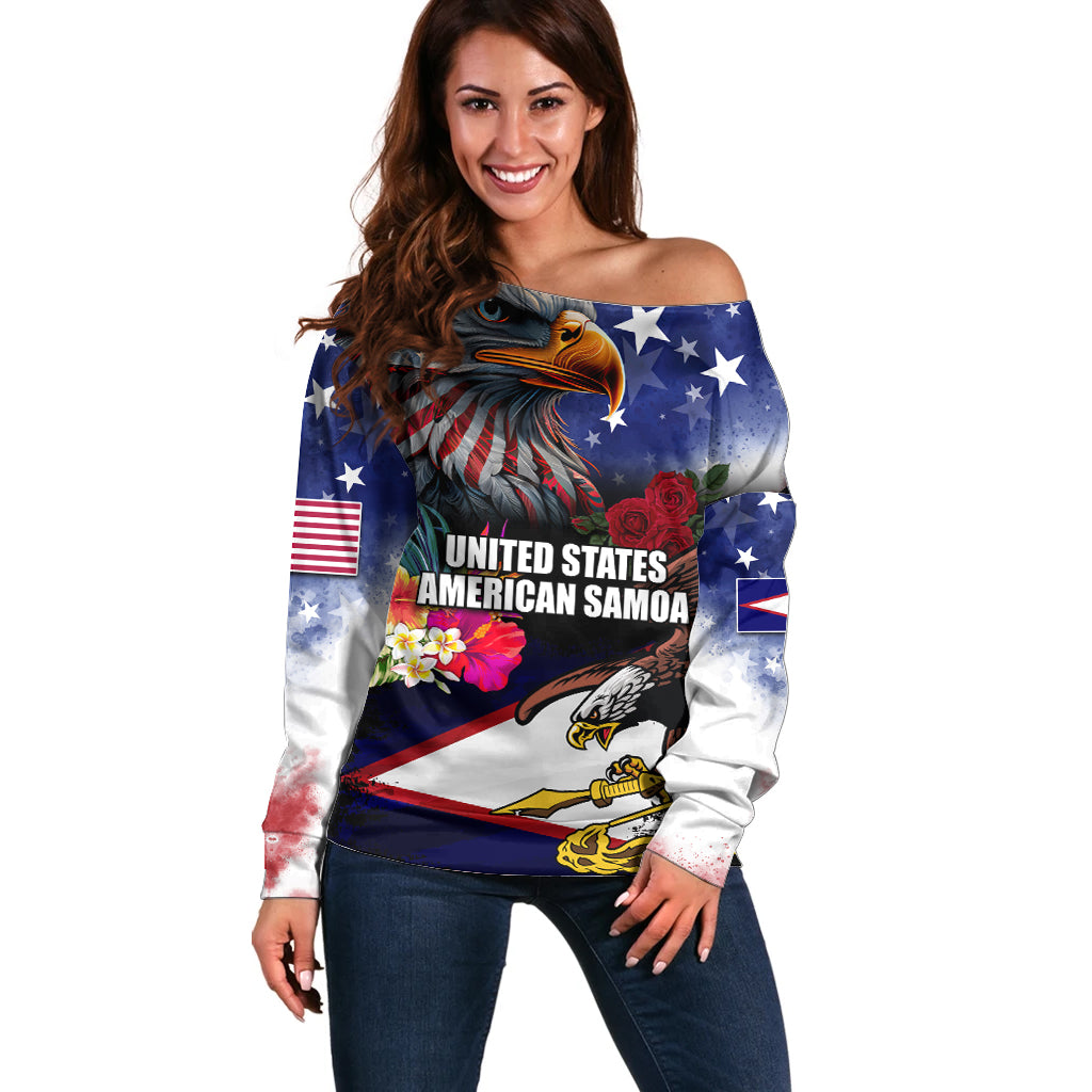 Personalised United States and American Samoa Off Shoulder Sweater Bald Eagle Rose and Hibiscus Flower - Wonder Print Shop