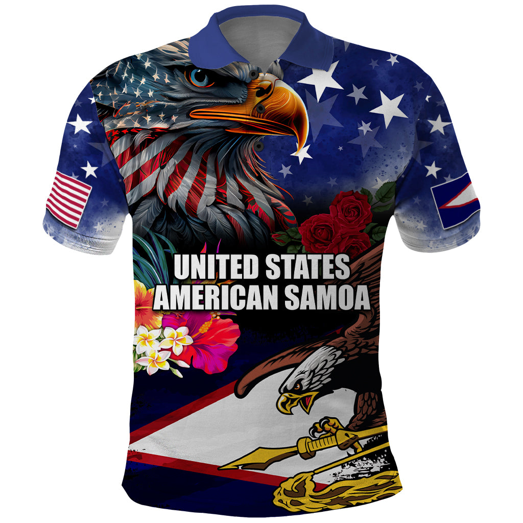 Personalised United States and American Samoa Polo Shirt Bald Eagle Rose and Hibiscus Flower - Wonder Print Shop