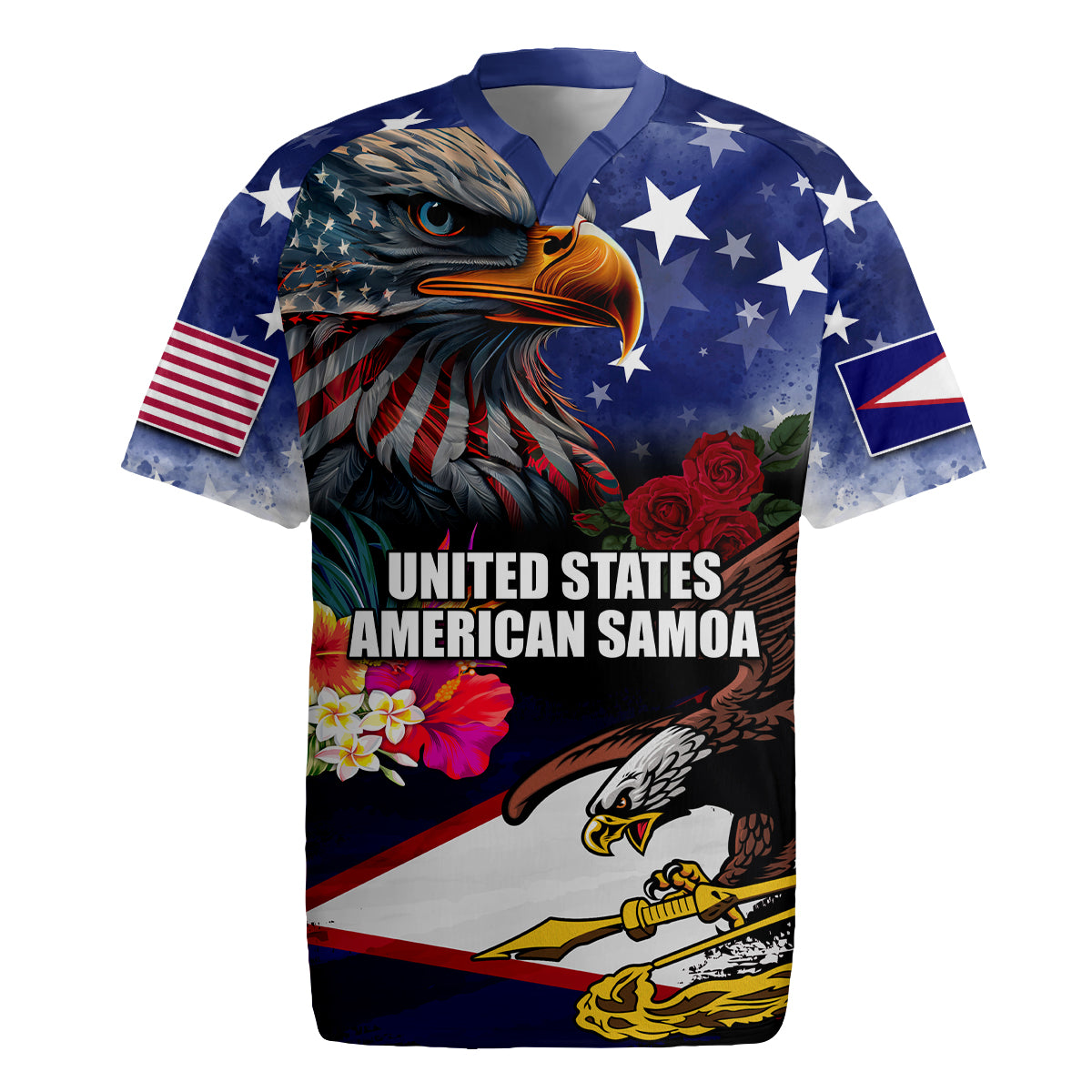 Personalised United States and American Samoa Rugby Jersey Bald Eagle Rose and Hibiscus Flower - Wonder Print Shop