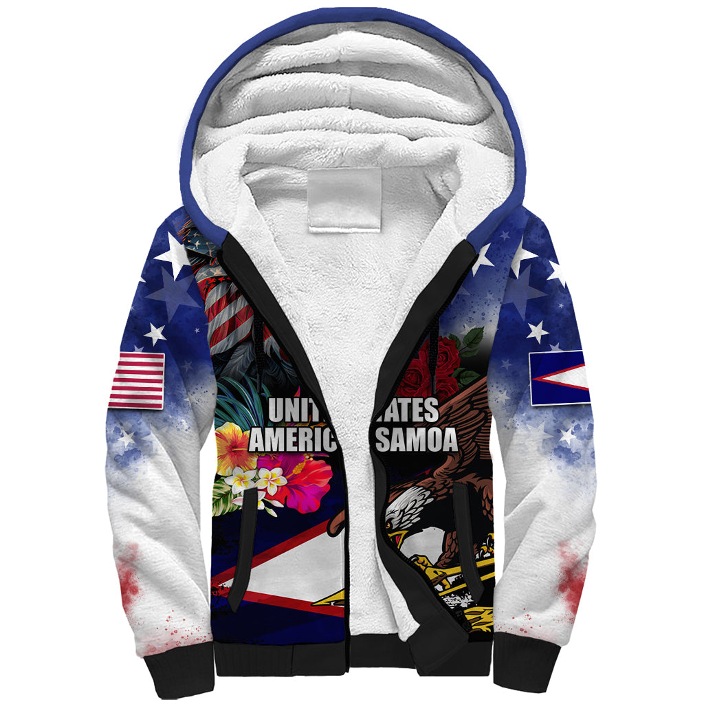 Personalised United States and American Samoa Sherpa Hoodie Bald Eagle Rose and Hibiscus Flower - Wonder Print Shop