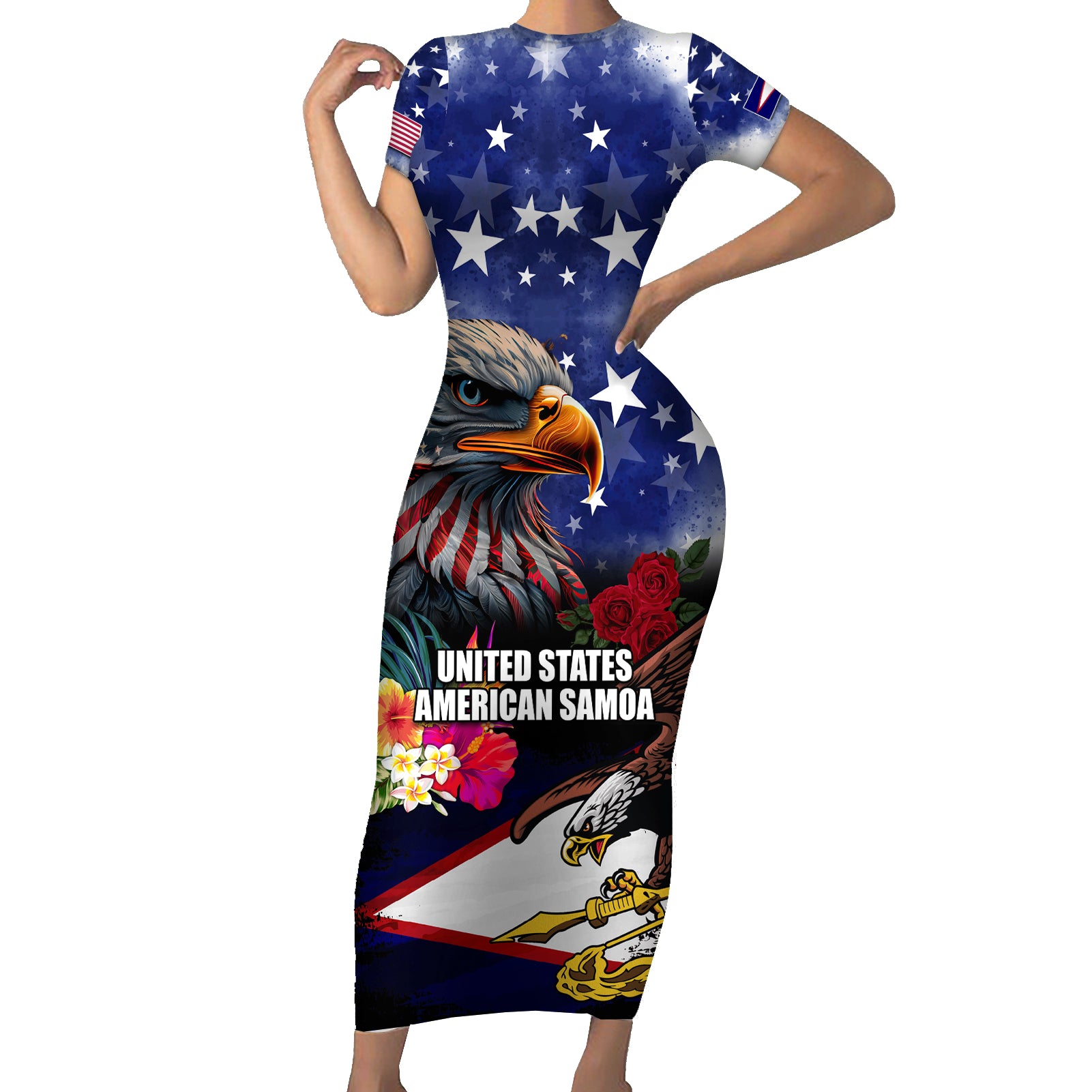 Personalised United States and American Samoa Short Sleeve Bodycon Dress Bald Eagle Rose and Hibiscus Flower - Wonder Print Shop