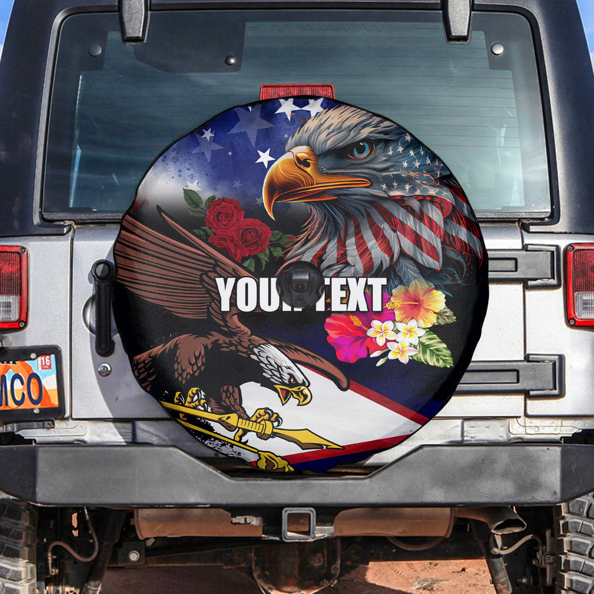 Personalised United States and American Samoa Spare Tire Cover Bald Eagle Rose and Hibiscus Flower - Wonder Print Shop