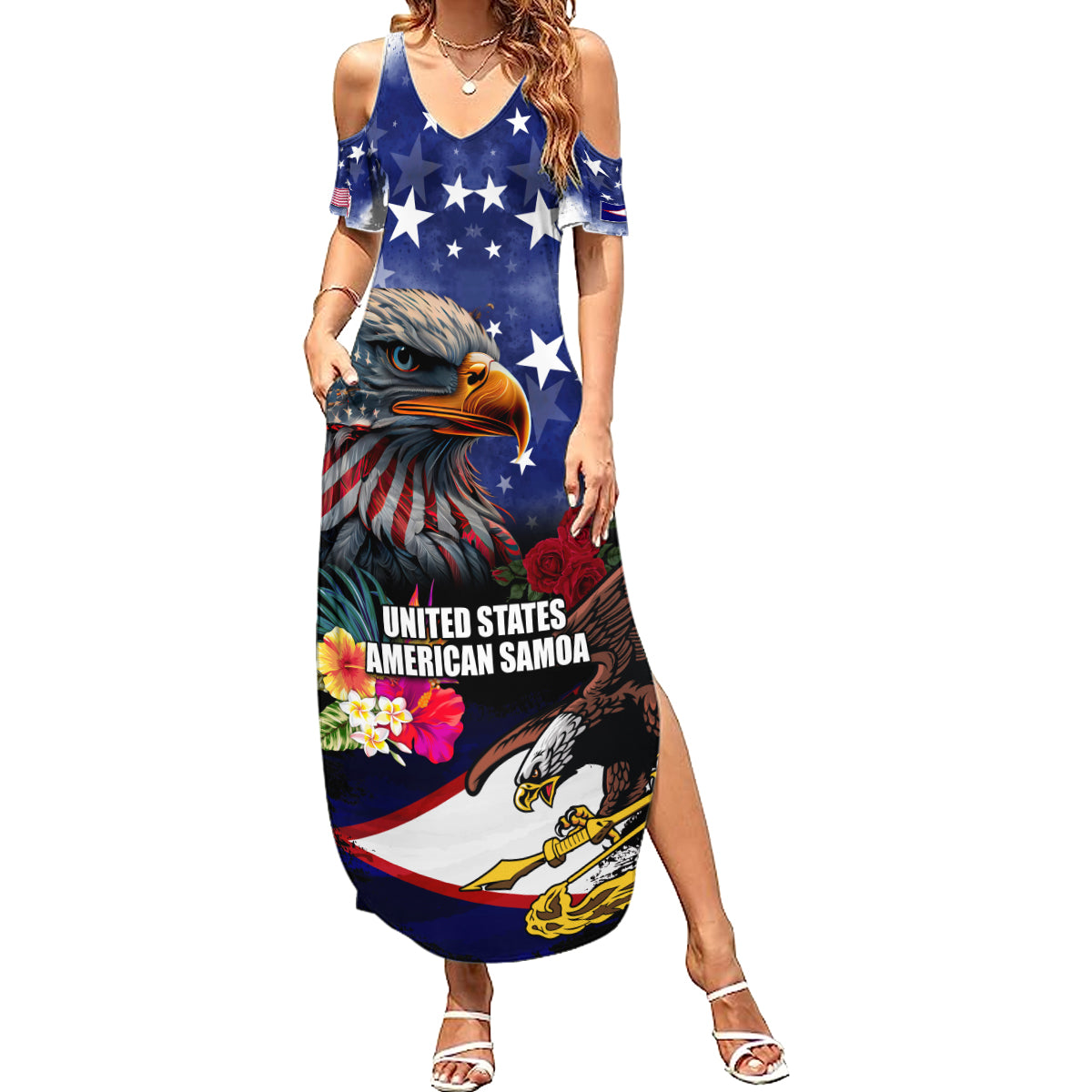 Personalised United States and American Samoa Summer Maxi Dress Bald Eagle Rose and Hibiscus Flower - Wonder Print Shop