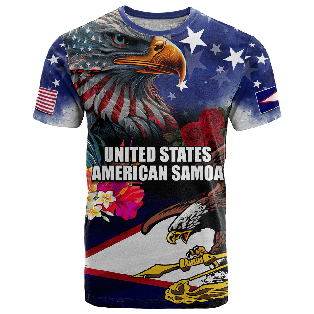 Personalised United States and American Samoa T Shirt Bald Eagle Rose and Hibiscus Flower - Wonder Print Shop