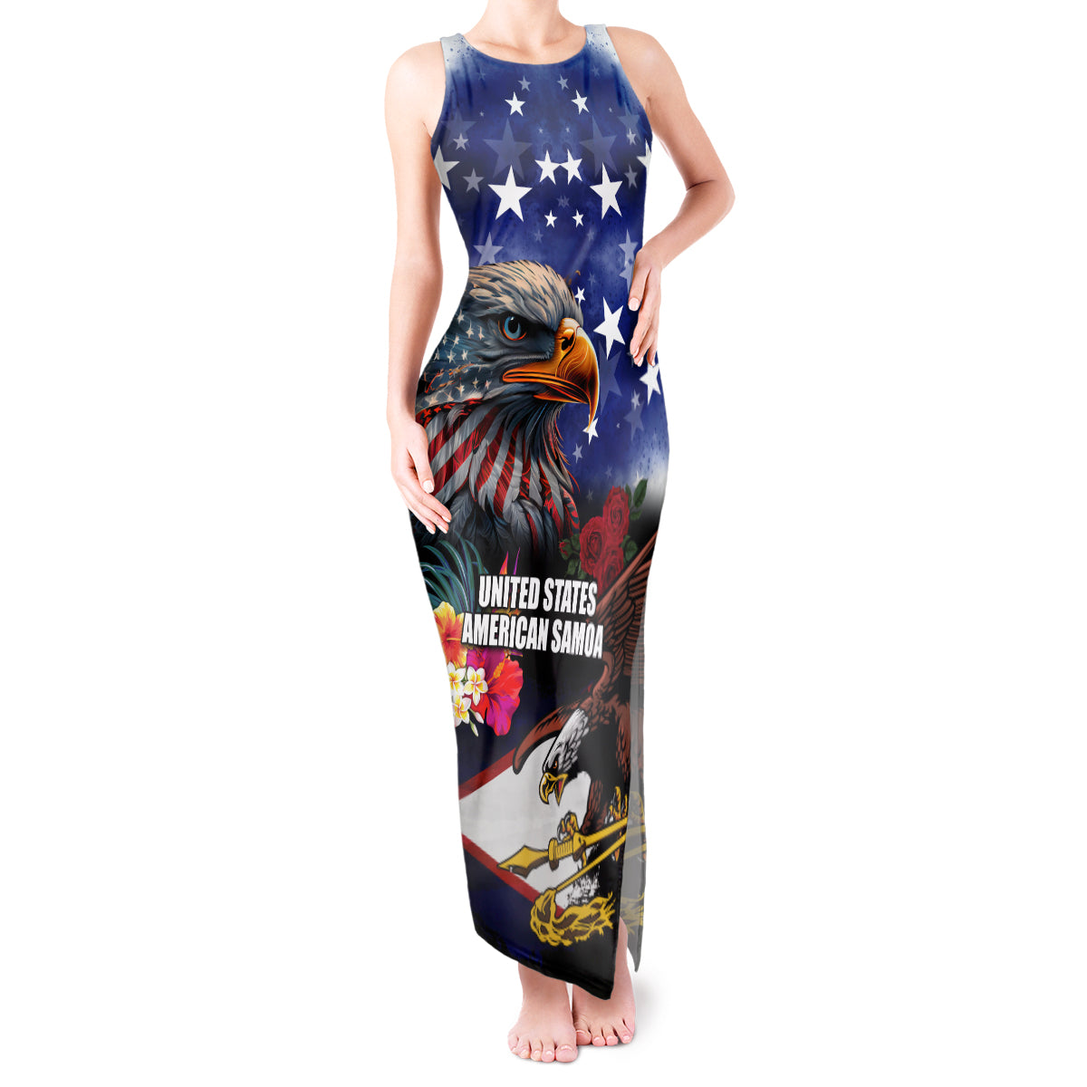 Personalised United States and American Samoa Tank Maxi Dress Bald Eagle Rose and Hibiscus Flower - Wonder Print Shop