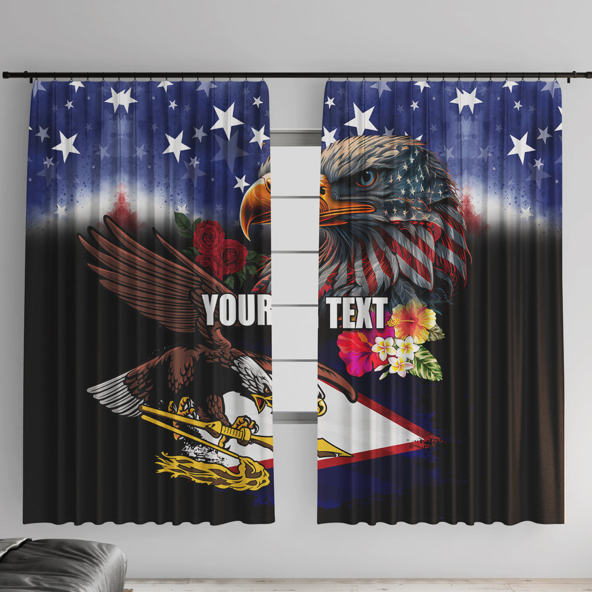 Personalised United States and American Samoa Window Curtain Bald Eagle Rose and Hibiscus Flower - Wonder Print Shop