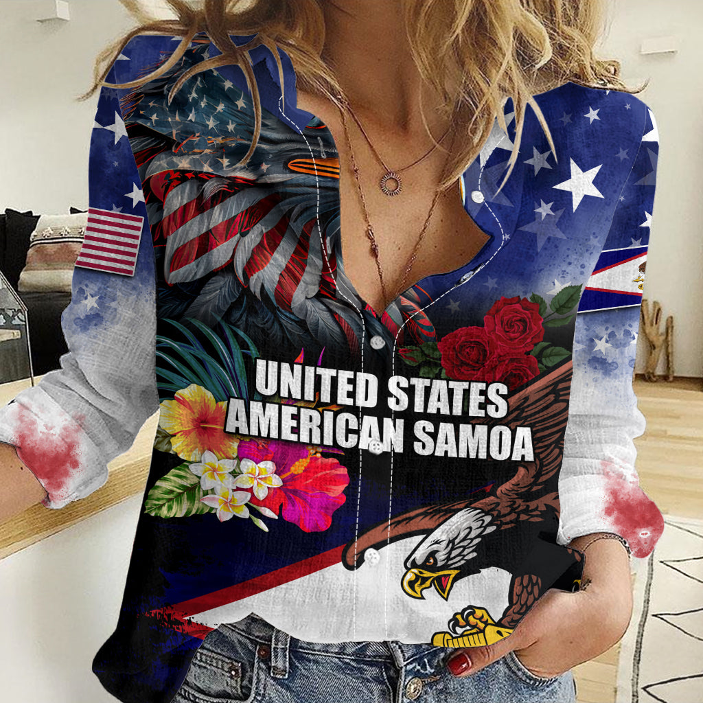 Personalised United States and American Samoa Women Casual Shirt Bald Eagle Rose and Hibiscus Flower - Wonder Print Shop