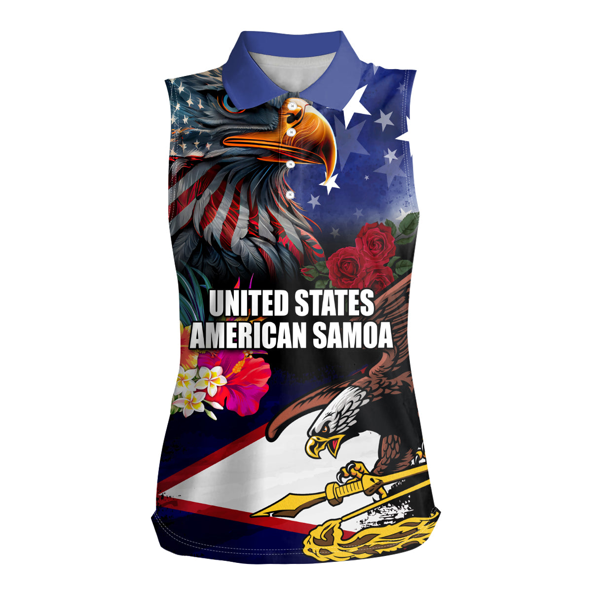 Personalised United States and American Samoa Women Sleeveless Polo Shirt Bald Eagle Rose and Hibiscus Flower - Wonder Print Shop