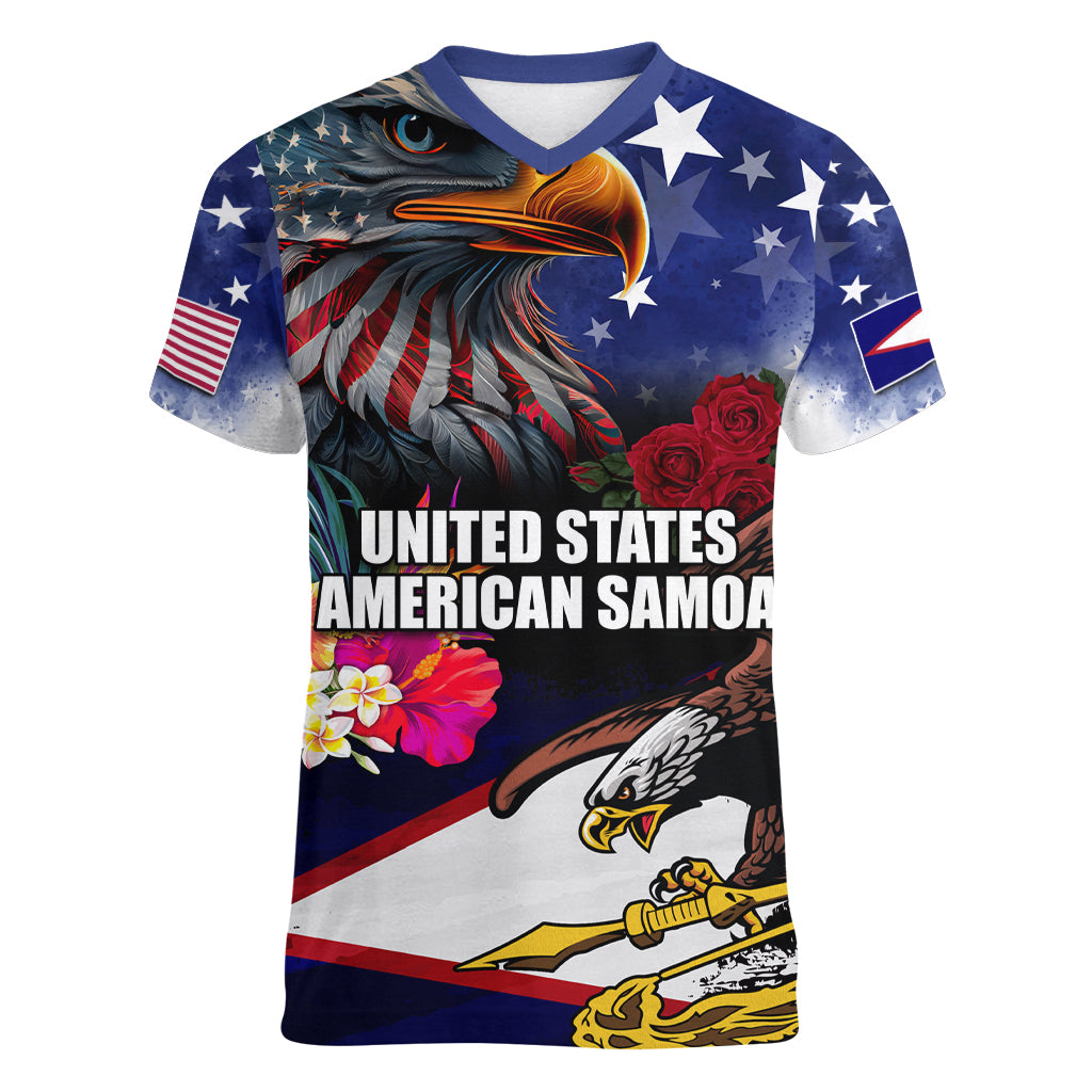 Personalised United States and American Samoa Women V-Neck T-Shirt Bald Eagle Rose and Hibiscus Flower - Wonder Print Shop