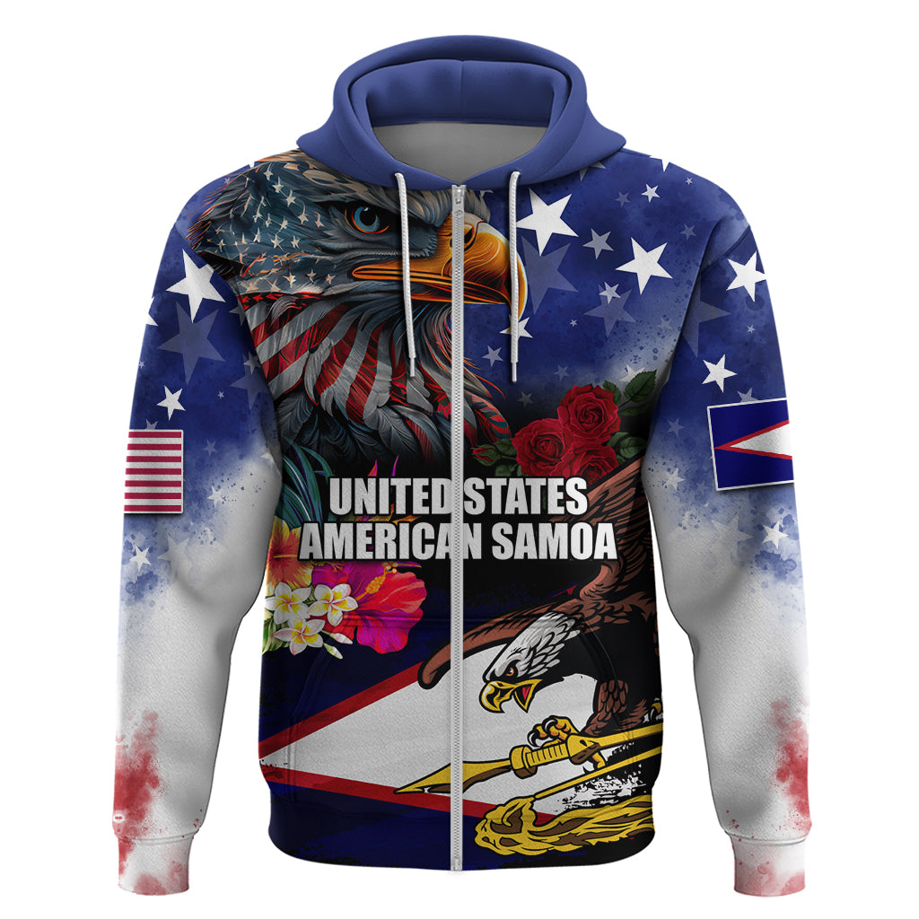 Personalised United States and American Samoa Zip Hoodie Bald Eagle Rose and Hibiscus Flower - Wonder Print Shop