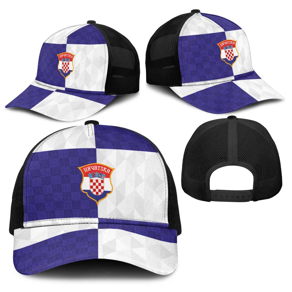 Croatia Football Baseball Net Cap Checkerboard Pattern with Glagolitic Script Away Color