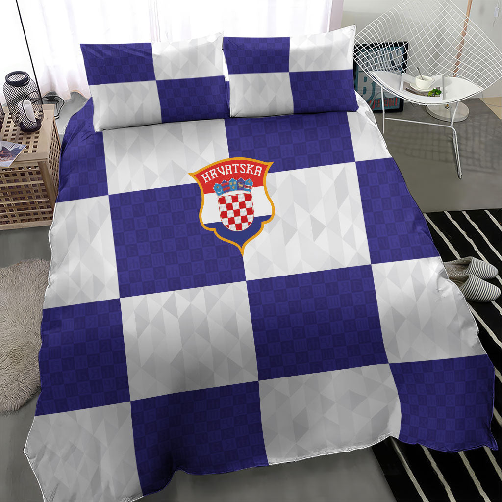 Croatia Football Bedding Set Checkerboard Pattern with Glagolitic Script Away Color