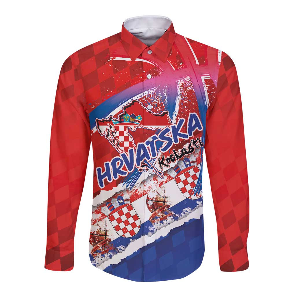 Basketball Fan Jersey Croatian Long Sleeve Button Shirt Hrvatska-The Chequered Ones - Wonder Print Shop