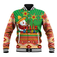 Baseball jacket, green with Feliz Navidad graphic and Aztec geometric sleeves