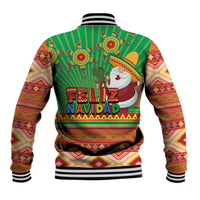 Baseball jacket back, green with Feliz Navidad graphic and Aztec geometric pattern